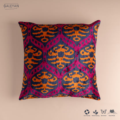 Silk Velvet Ikat Cushion – Midnight Indigo/Amber/Plum Velvet