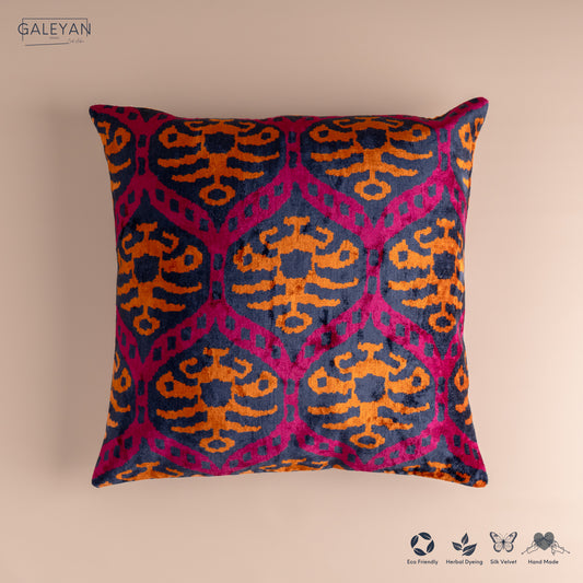 Silk Velvet Ikat Cushion – Midnight Indigo/Amber/Plum Velvet