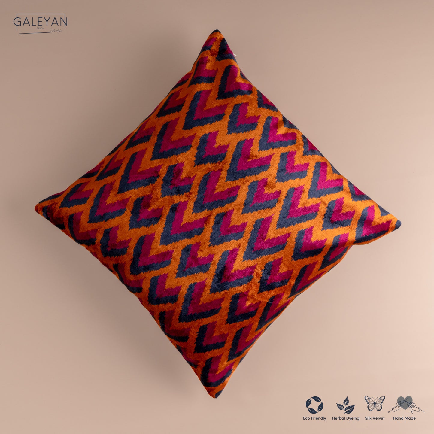 Silk Velvet Ikat Cushion – Midnight Indigo/Amber/Plum Velvet