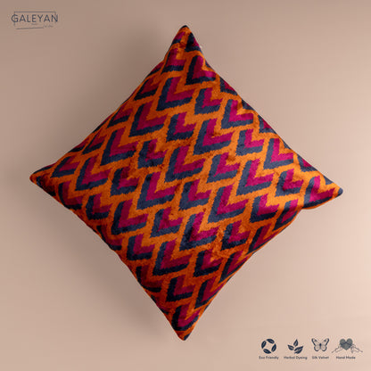 Silk Velvet Ikat Cushion – Midnight Indigo/Amber/Plum Velvet