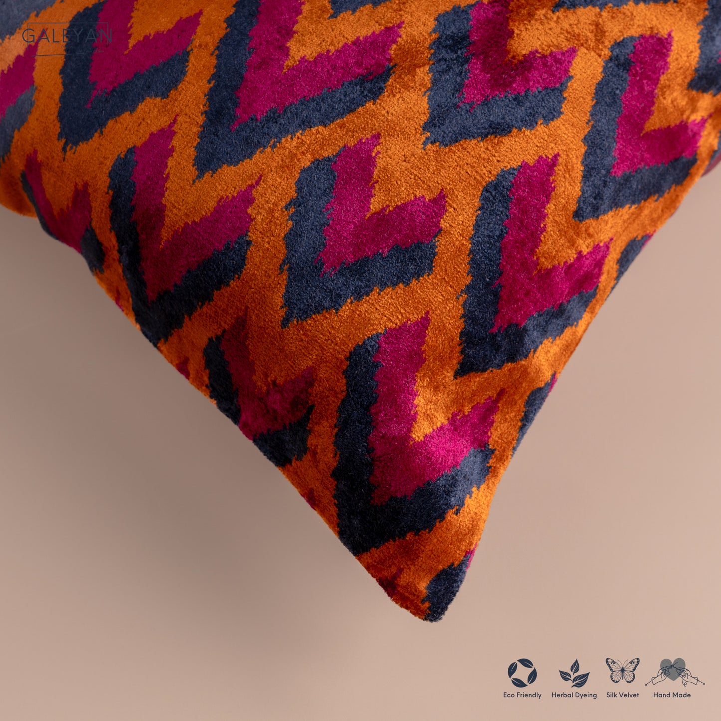 Silk Velvet Ikat Cushion – Midnight Indigo/Amber/Plum Velvet