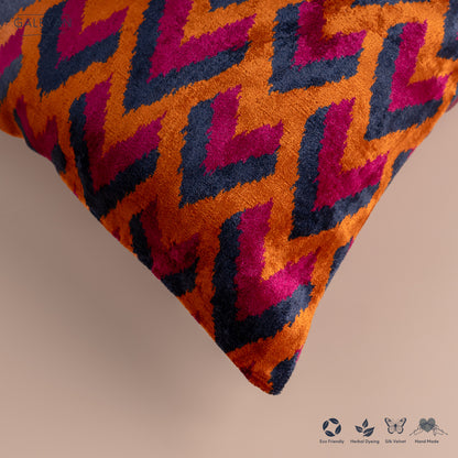 Silk Velvet Ikat Cushion – Midnight Indigo/Amber/Plum Velvet