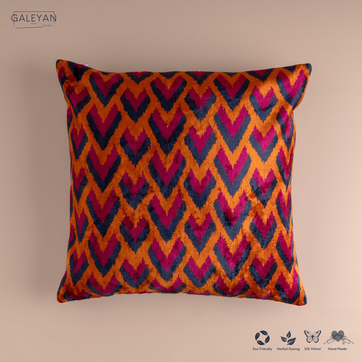 Silk Velvet Ikat Cushion – Midnight Indigo/Amber/Plum Velvet