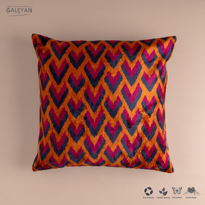 Silk Velvet Ikat Cushion – Midnight Indigo/Amber/Plum Velvet