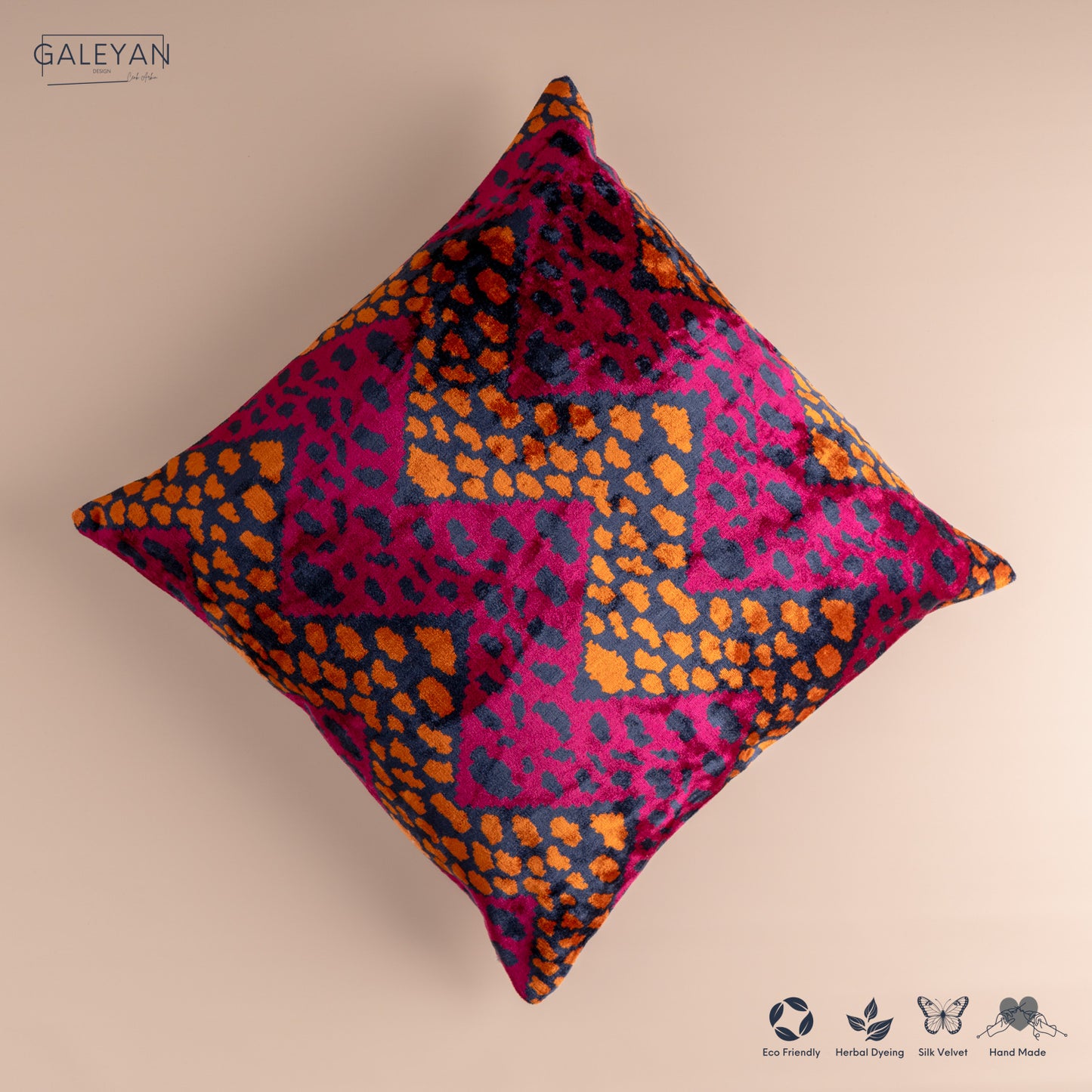 Silk Velvet Ikat Cushion – Midnight Indigo/Amber/Plum Velvet