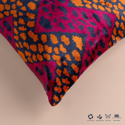 Silk Velvet Ikat Cushion – Midnight Indigo/Amber/Plum Velvet