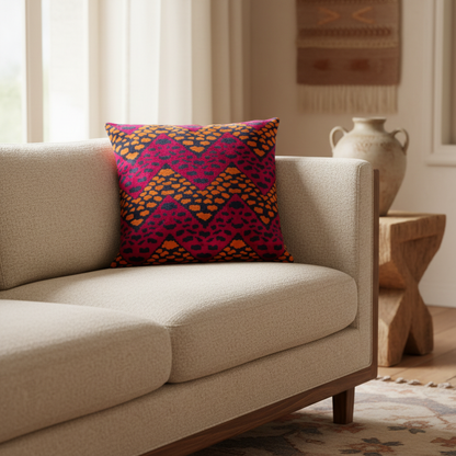 Silk Velvet Ikat Cushion – Midnight Indigo/Amber/Plum Velvet