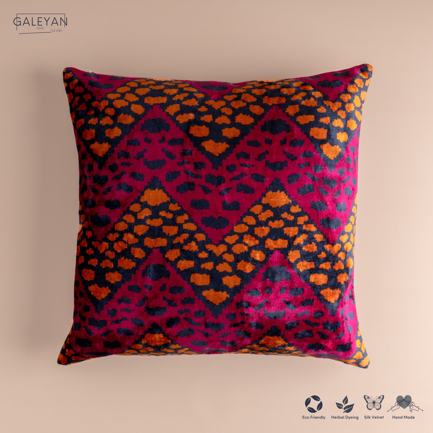 Silk Velvet Ikat Cushion – Midnight Indigo/Amber/Plum Velvet