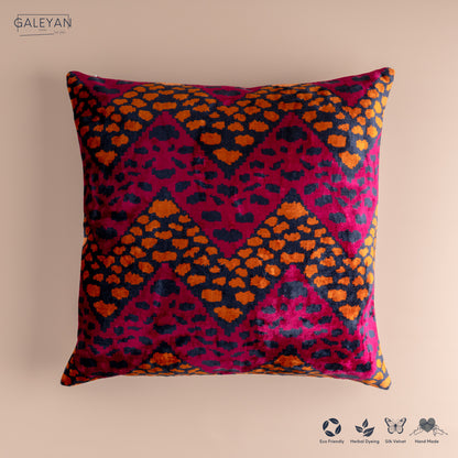 Silk Velvet Ikat Cushion – Midnight Indigo/Amber/Plum Velvet