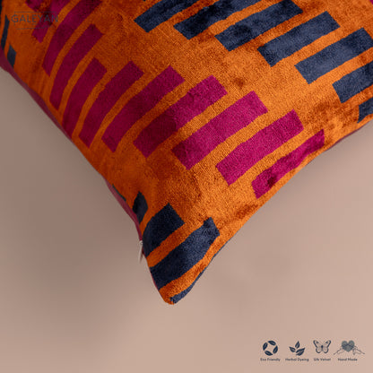 Silk Velvet Ikat Cushion – Midnight Indigo/Amber/Plum Velvet
