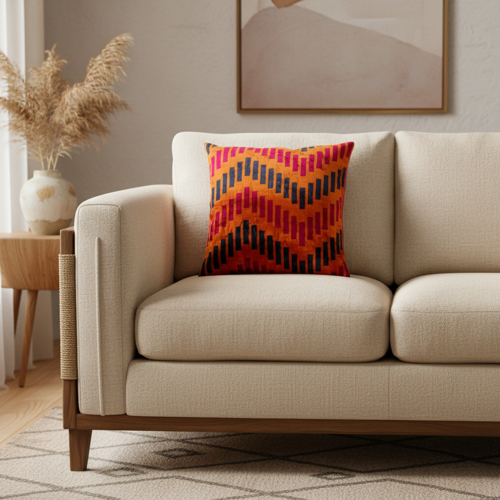Silk Velvet Ikat Cushion – Midnight Indigo/Amber/Plum Velvet