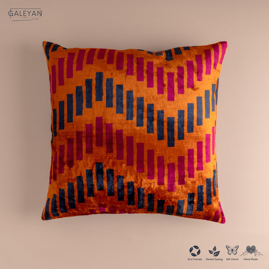 Silk Velvet Ikat Cushion – Midnight Indigo/Amber/Plum Velvet