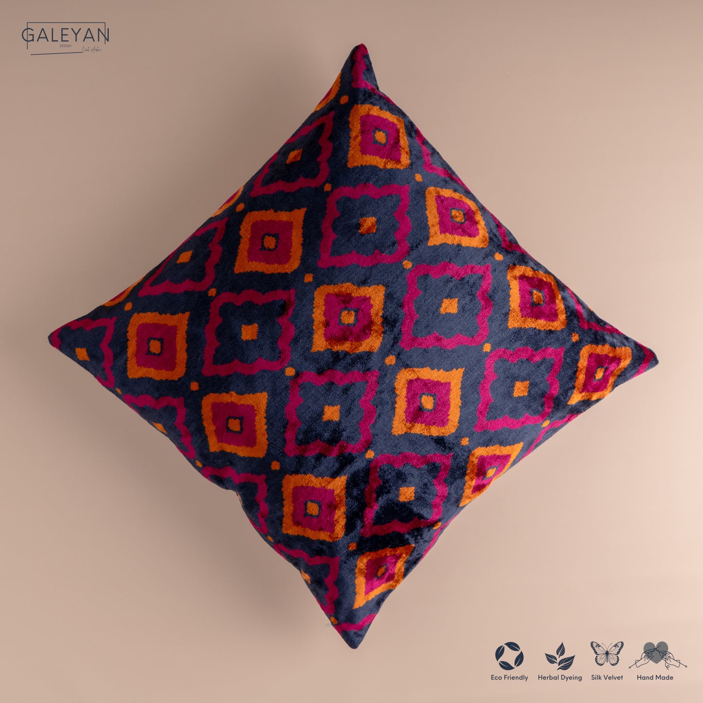 Silk Velvet Ikat Cushion – Midnight Indigo/Amber/Plum Velvet