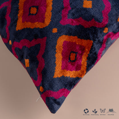 Silk Velvet Ikat Cushion – Midnight Indigo/Amber/Plum Velvet