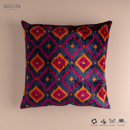 Silk Velvet Ikat Cushion – Midnight Indigo/Amber/Plum Velvet