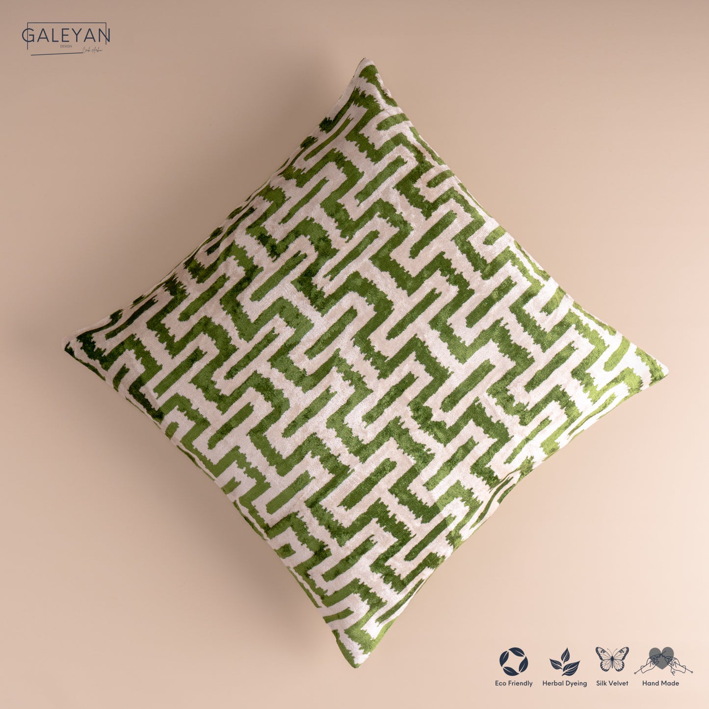 Silk Velvet Ikat Cushion – Off White/Green