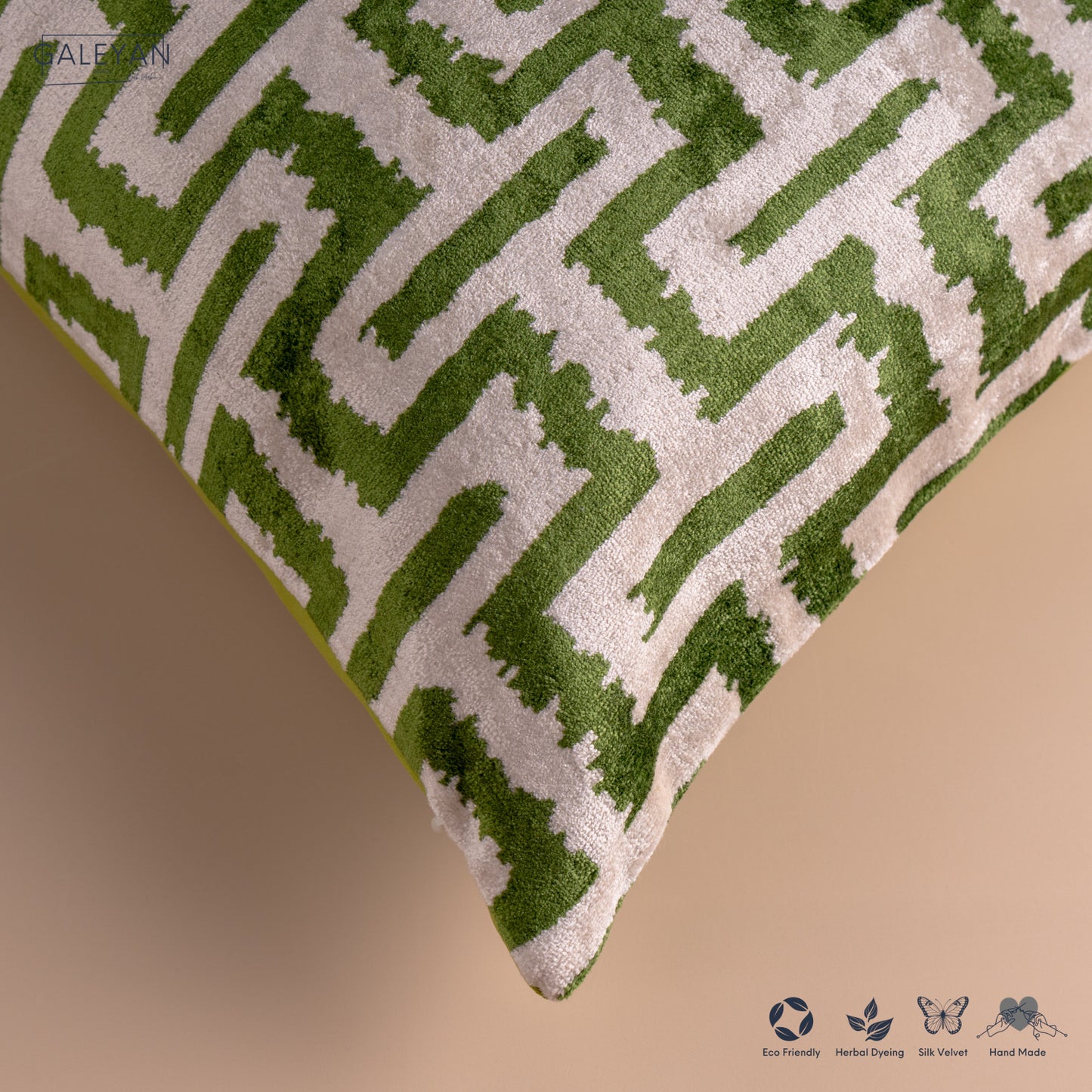Silk Velvet Ikat Cushion – Off White/Green