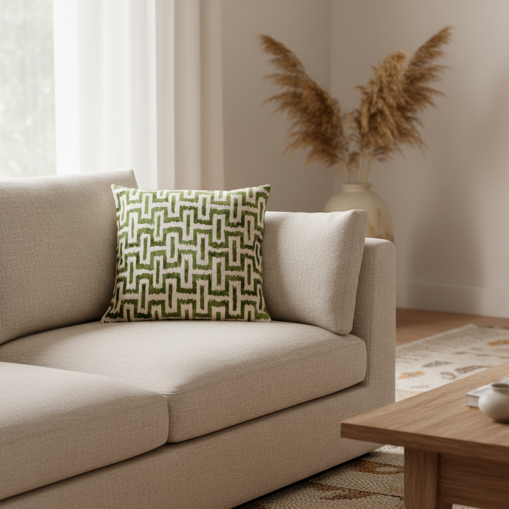 Silk Velvet Ikat Cushion – Off White/Green