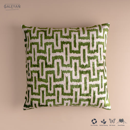 Silk Velvet Ikat Cushion – Off White/Green