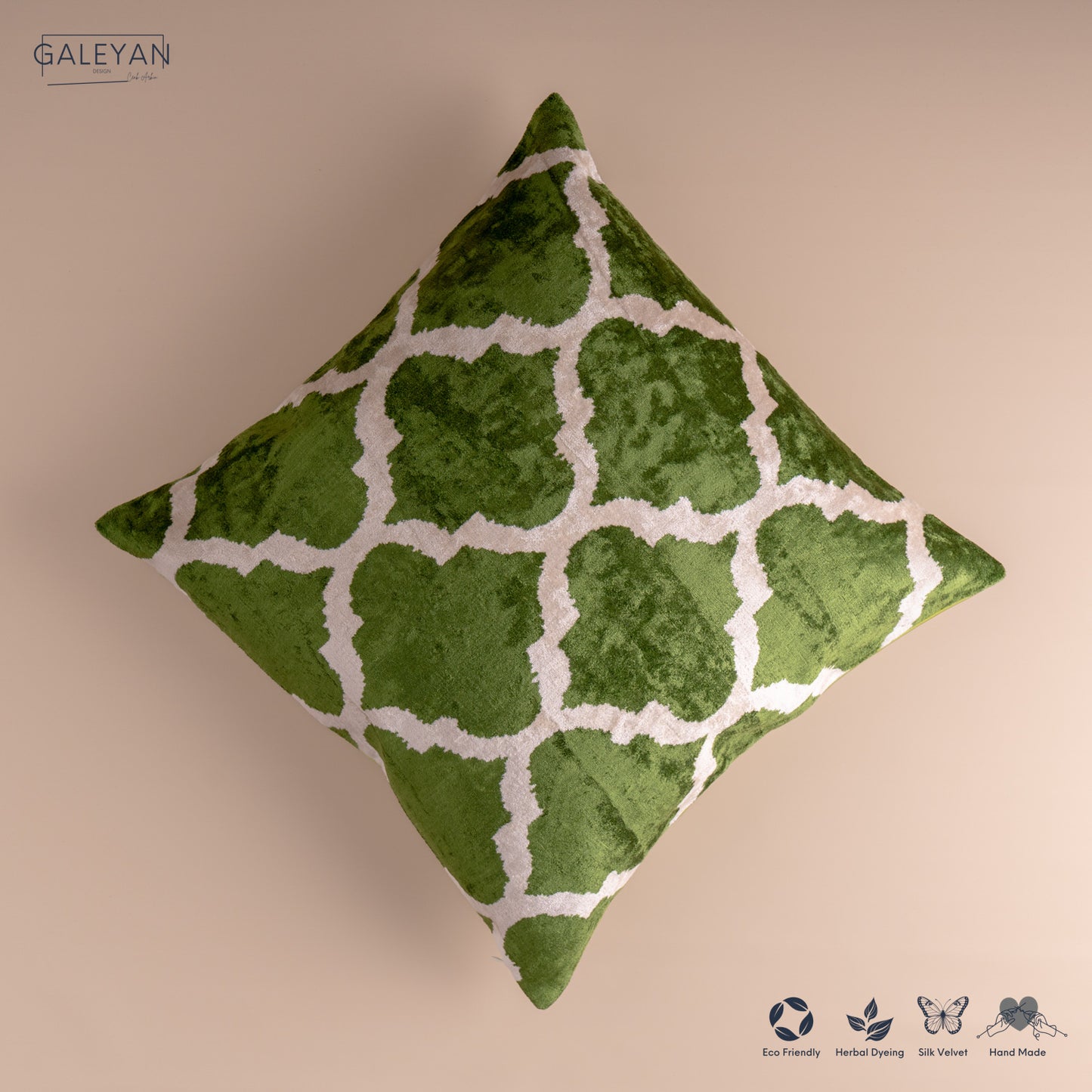 Silk Velvet Ikat Cushion – Off White/Green