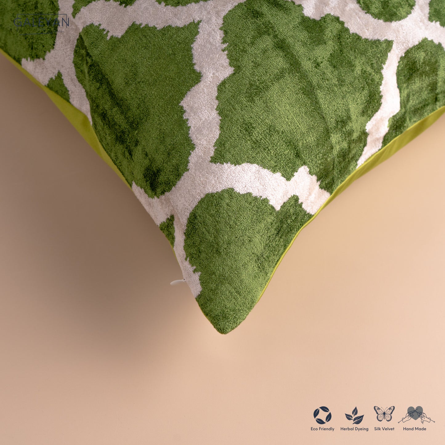 Silk Velvet Ikat Cushion – Off White/Green