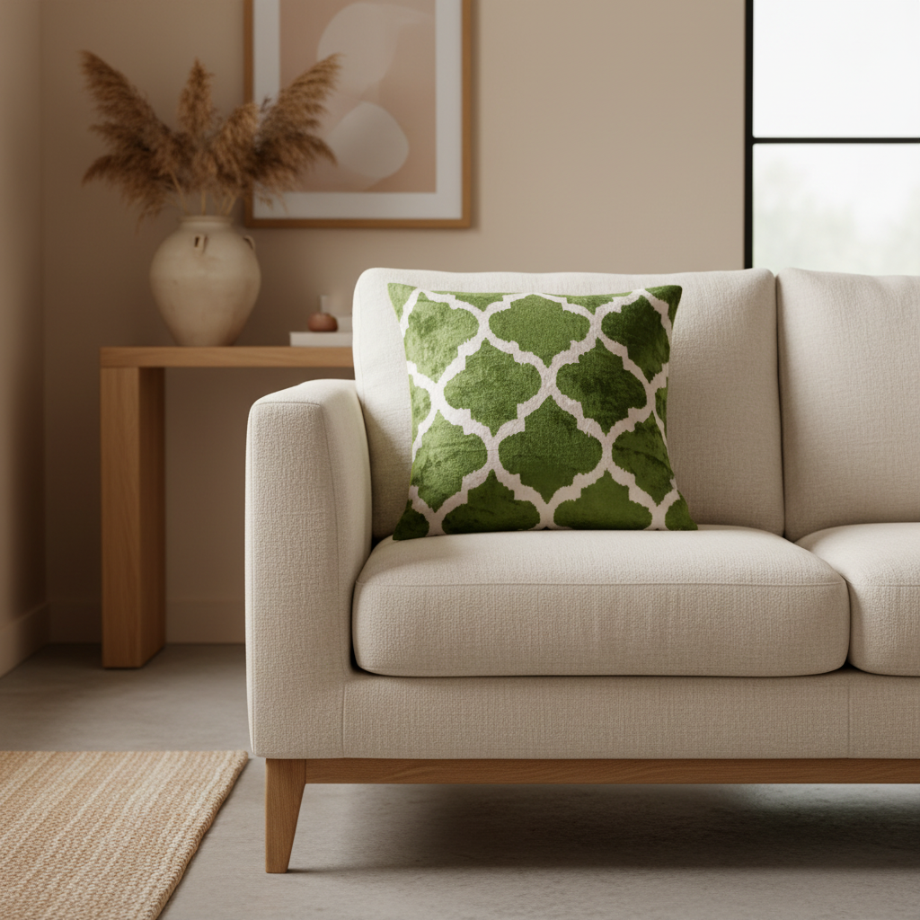Silk Velvet Ikat Cushion – Off White/Green