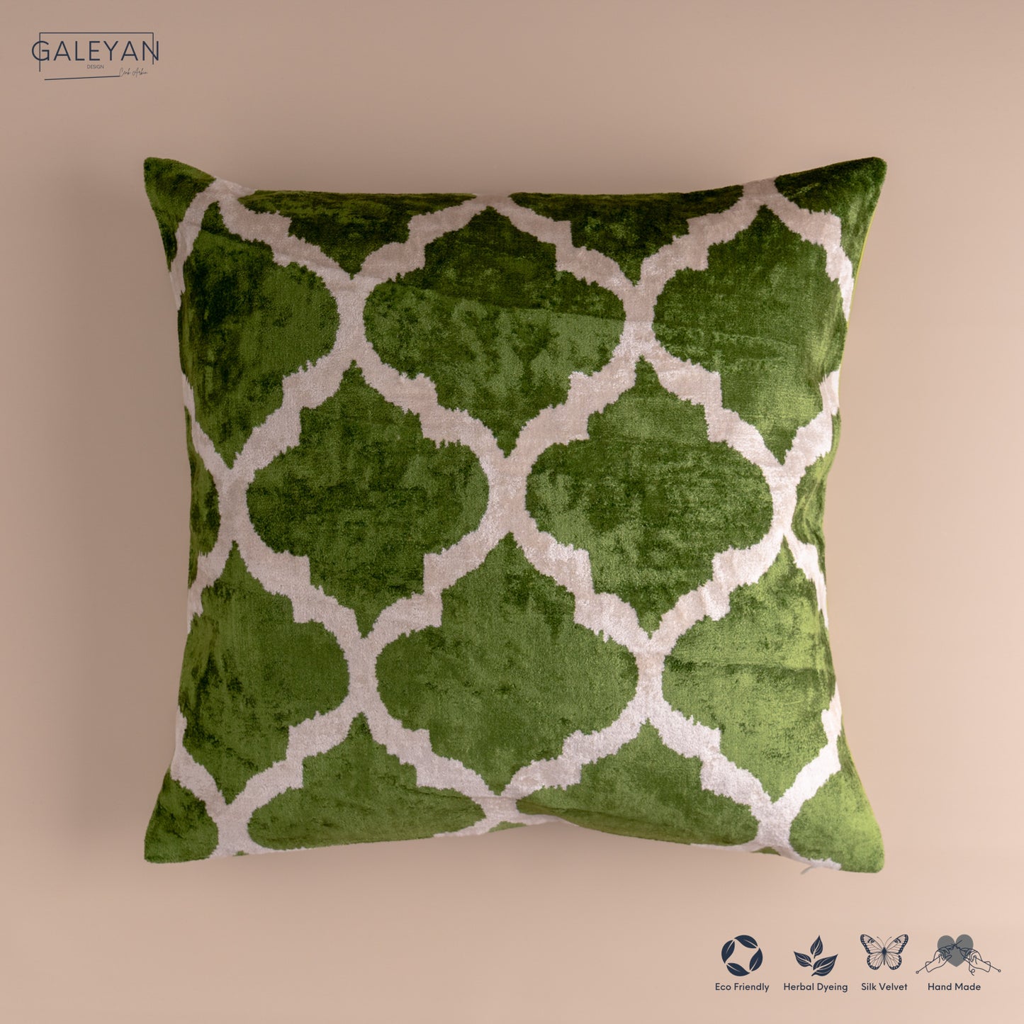 Silk Velvet Ikat Cushion – Off White/Green