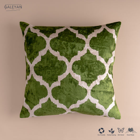 Silk Velvet Ikat Cushion – Off White/Green