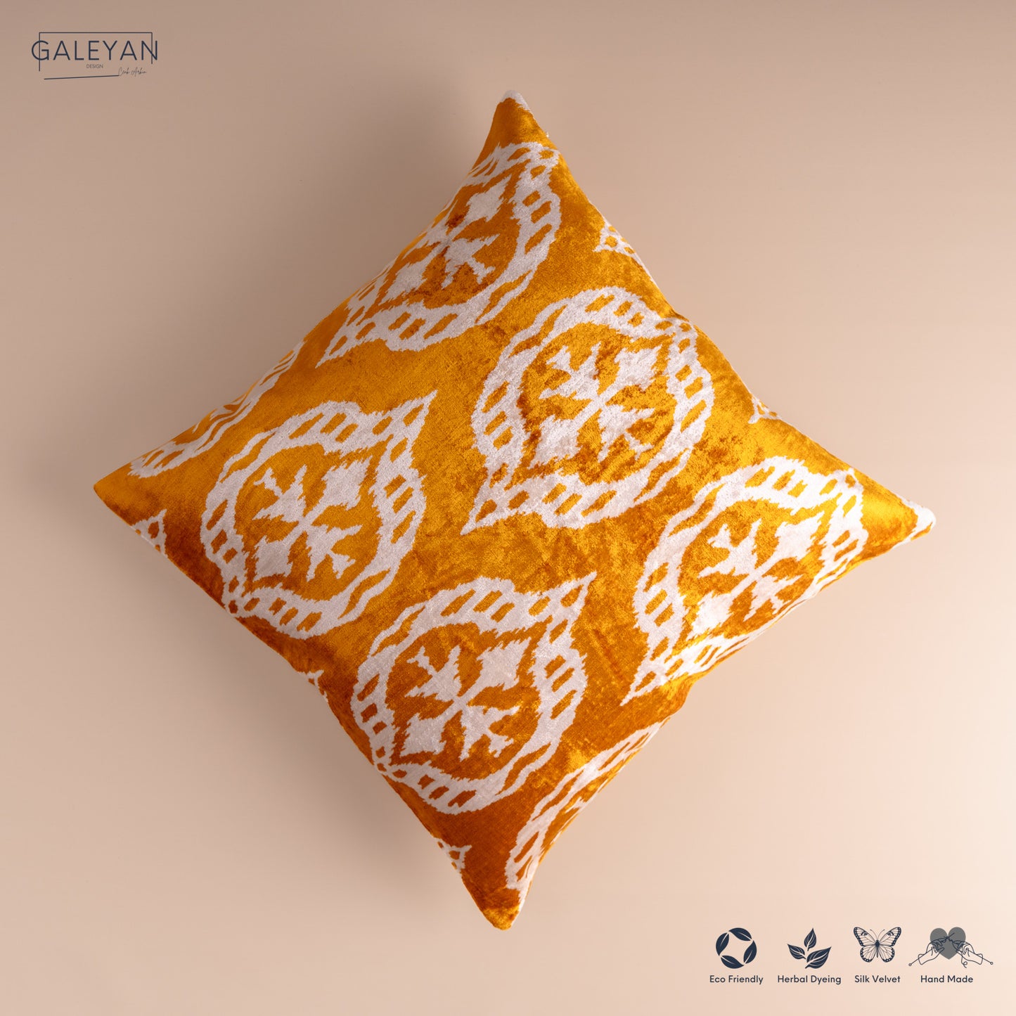 Silk Velvet Ikat Cushion – Off White/Saffron Gold