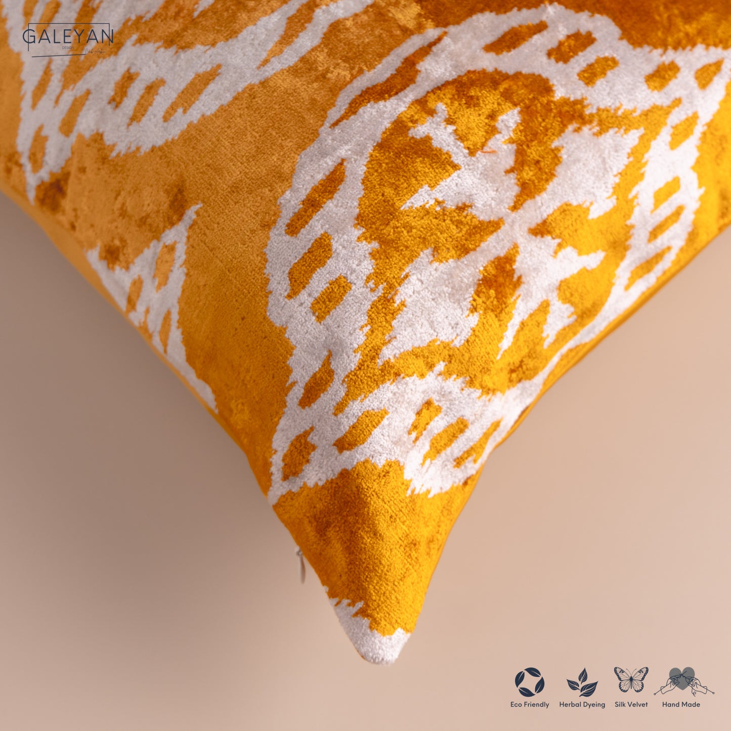 Silk Velvet Ikat Cushion – Off White/Saffron Gold