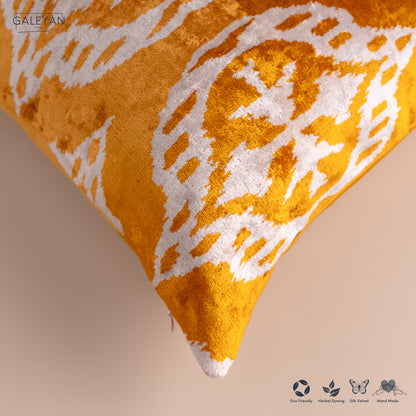 Silk Velvet Ikat Cushion – Off White/Saffron Gold