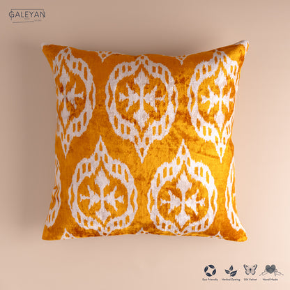 Silk Velvet Ikat Cushion – Off White/Saffron Gold