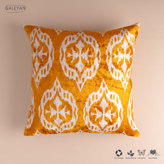 Silk Velvet Ikat Cushion – Off White/Saffron Gold