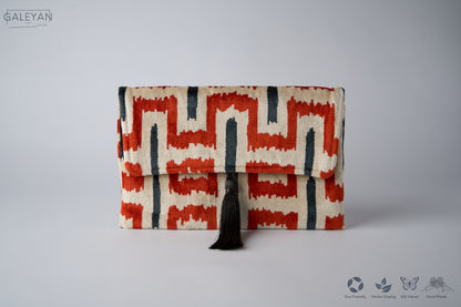 Silk Velvet Ikat Clutch – Off White / Red / Navy
