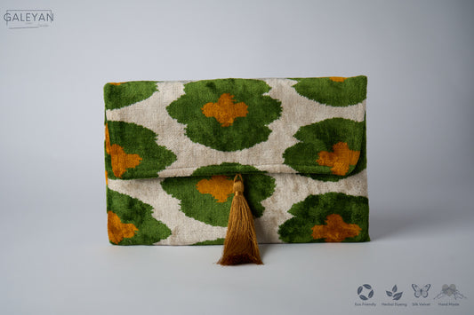 Silk Velvet Ikat Clutch – Off White / Green / Brown