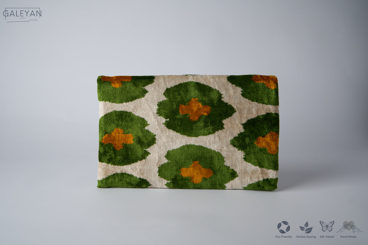 Silk Velvet Ikat Clutch – Off White / Green / Brown