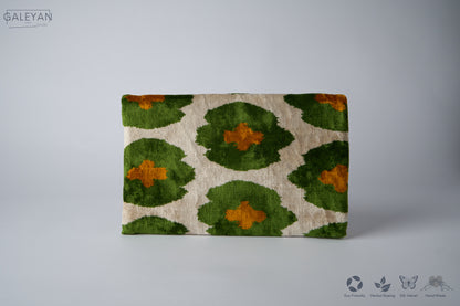Silk Velvet Ikat Clutch – Off White / Green / Brown