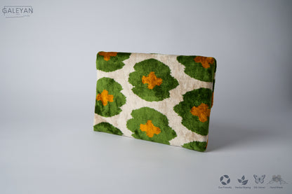 Silk Velvet Ikat Clutch – Off White / Green / Brown