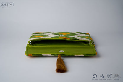 Silk Velvet Ikat Clutch – Off White / Green / Brown