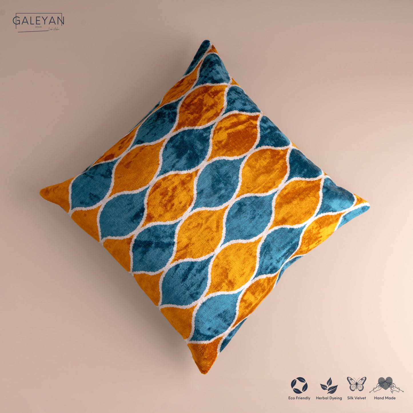 Silk Velvet Ikat Cushion – Off White /Saffron Gold/ Turquoise
