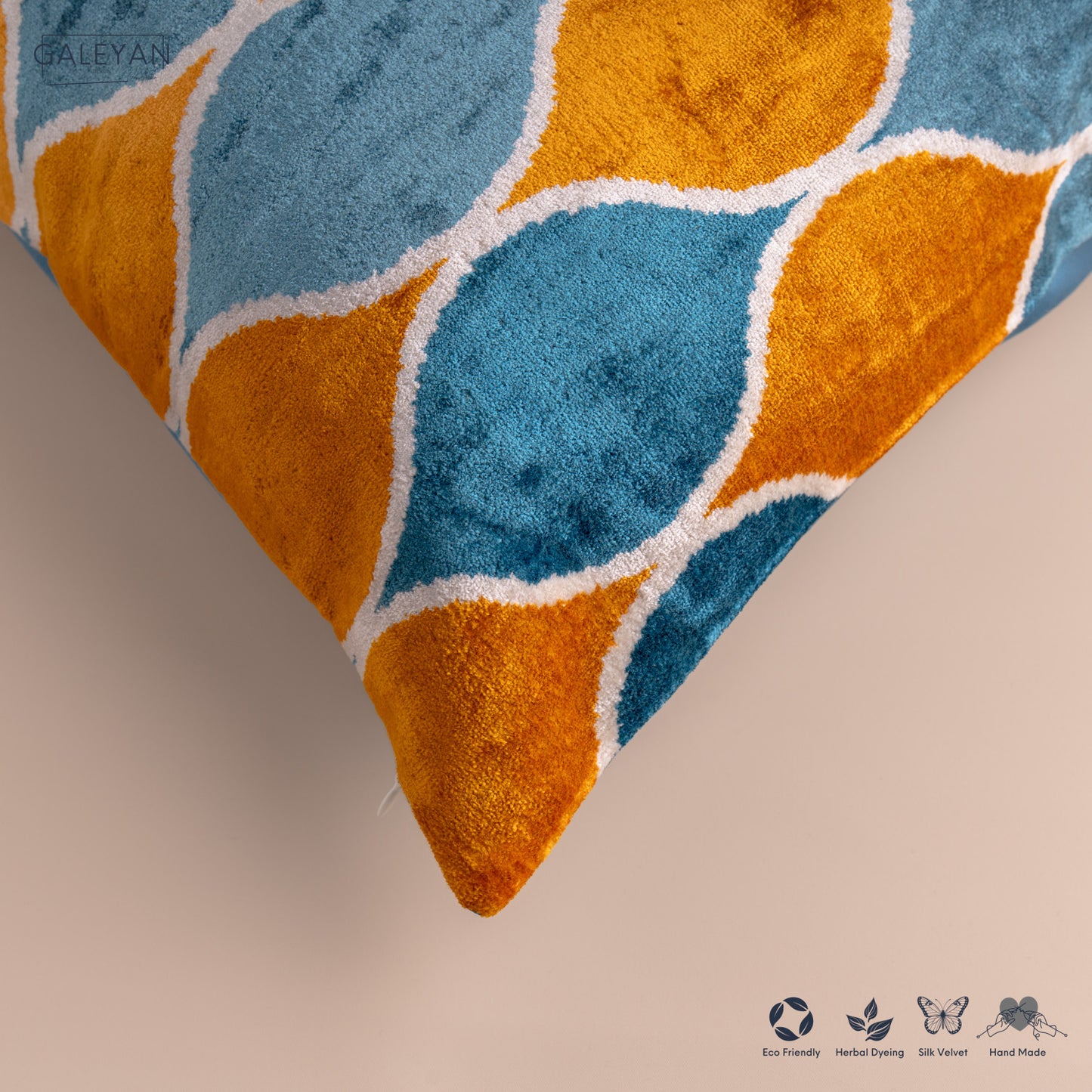 Silk Velvet Ikat Cushion – Off White /Saffron Gold/ Turquoise
