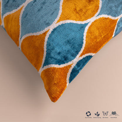Silk Velvet Ikat Cushion – Off White /Saffron Gold/ Turquoise