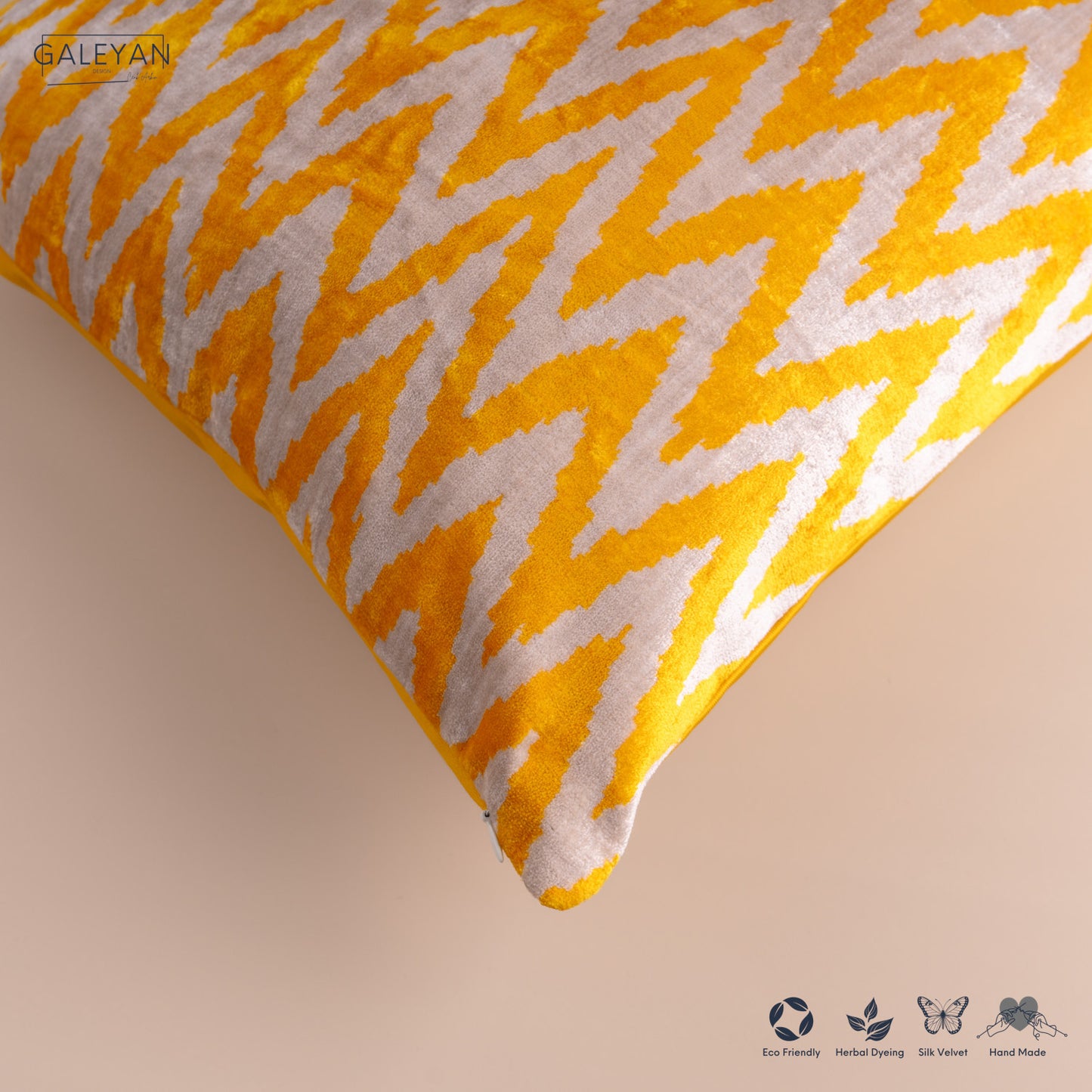 Silk Velvet Ikat Cushion – Off White /Yellow