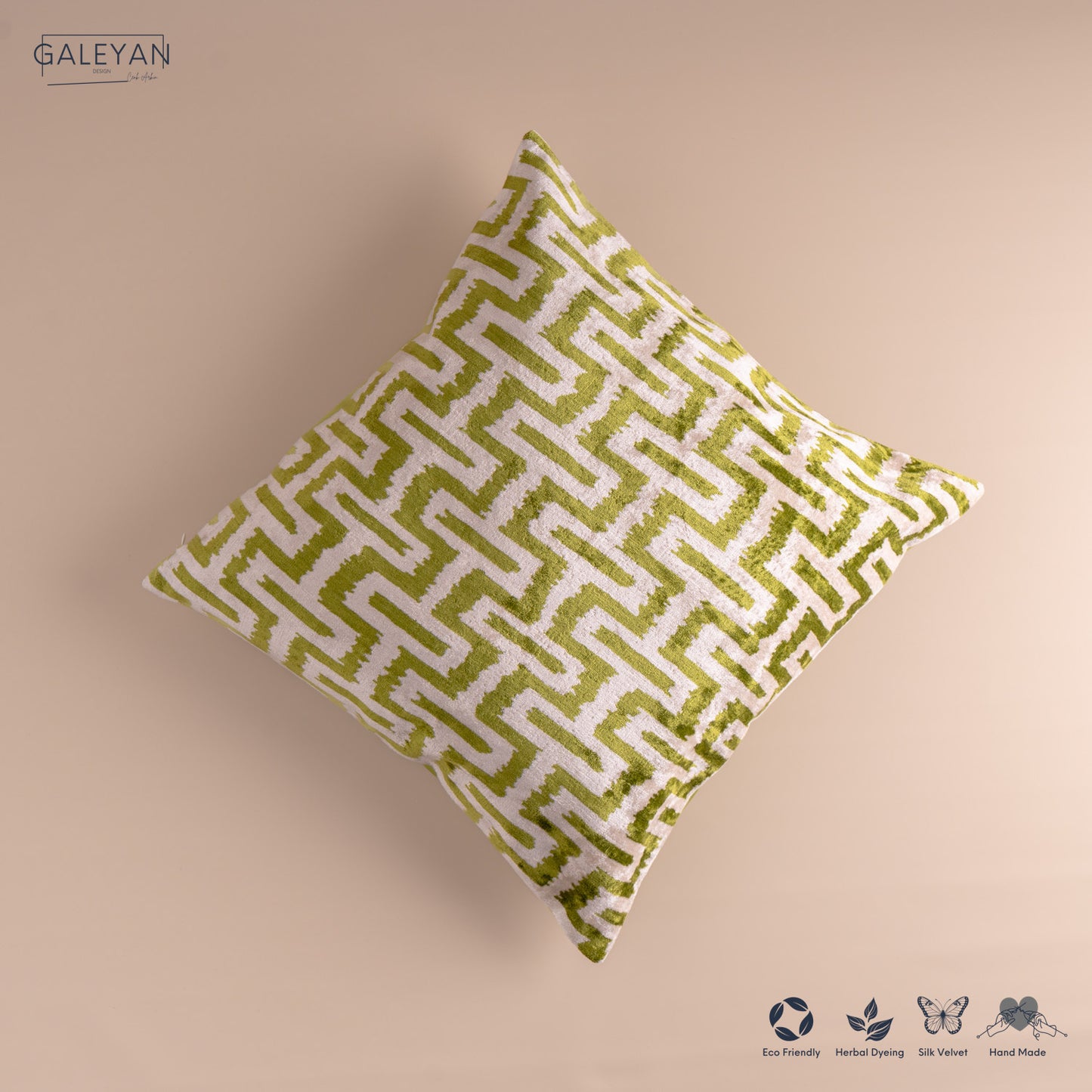 Silk Velvet Ikat Cushion – Off White /Pistachio Green