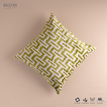 Silk Velvet Ikat Cushion – Off White /Pistachio Green