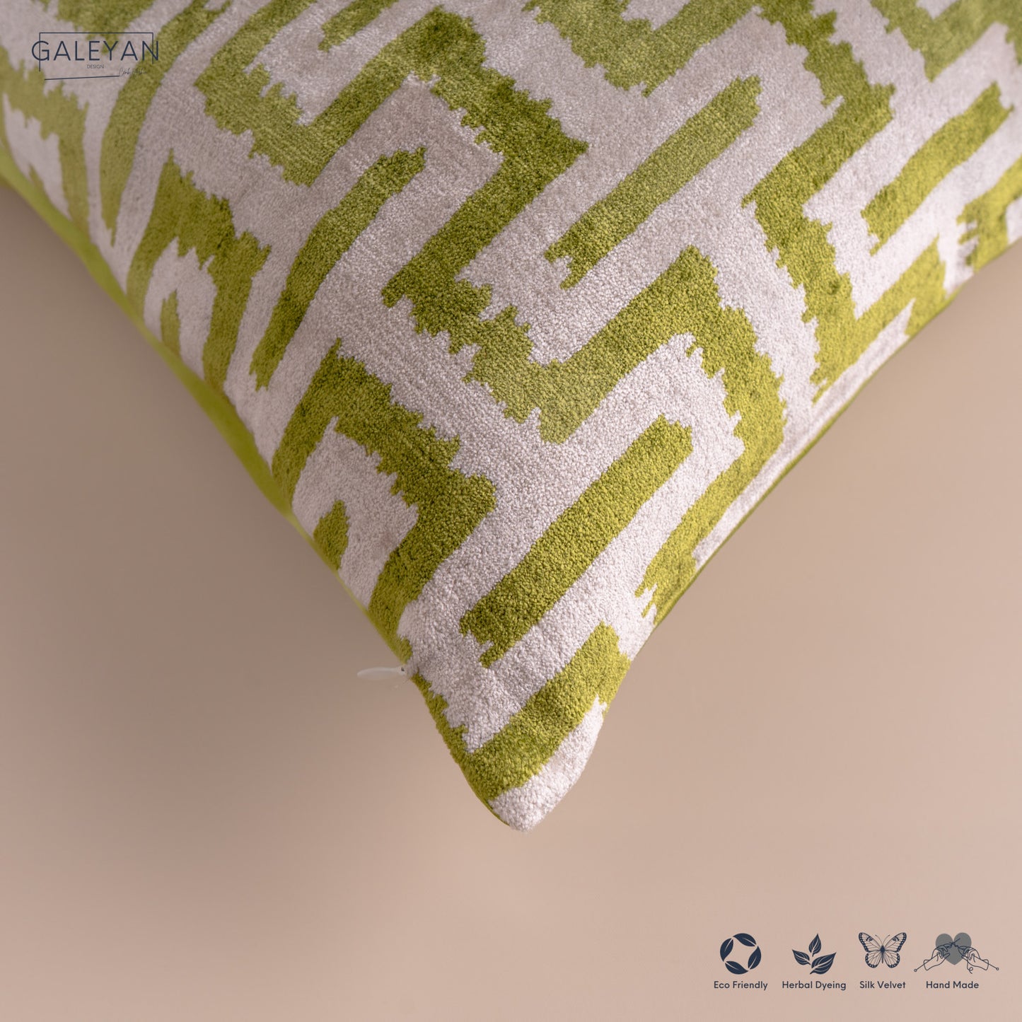 Silk Velvet Ikat Cushion – Off White /Pistachio Green