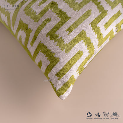 Silk Velvet Ikat Cushion – Off White /Pistachio Green