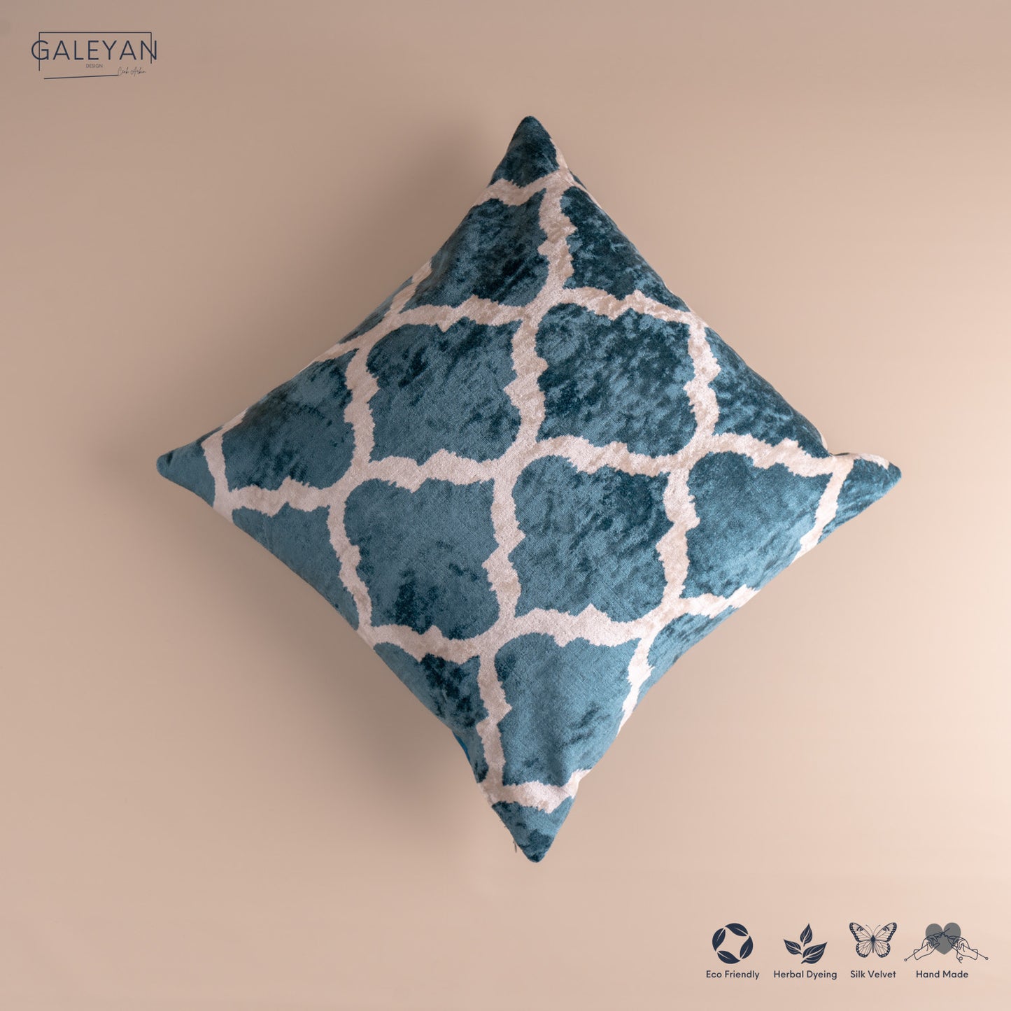 Silk Velvet Ikat Cushion – Off White /Turquoise