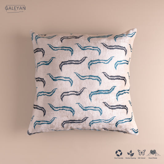 Silk Velvet Ikat Cushion – Off White/Midnight Indigo/Turquoise