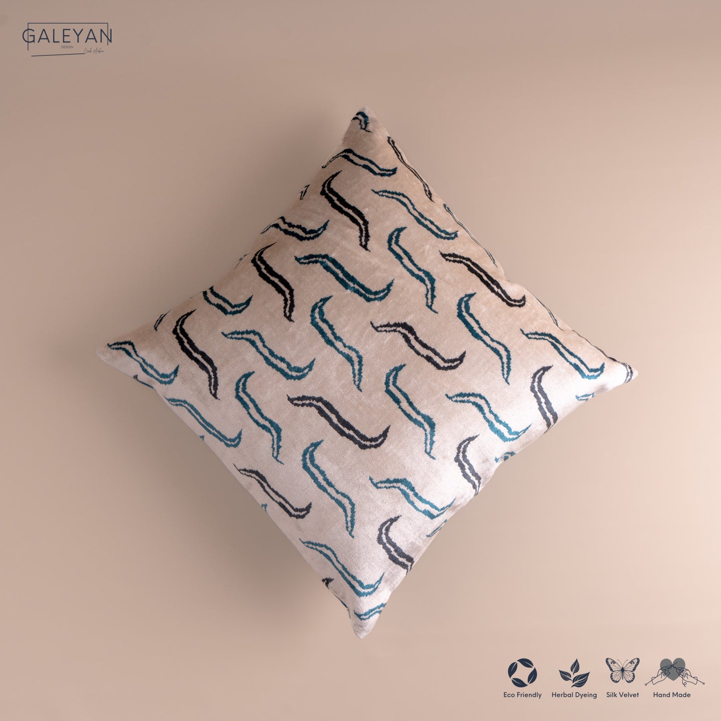 Silk Velvet Ikat Cushion – Off White/Midnight Indigo/Turquoise